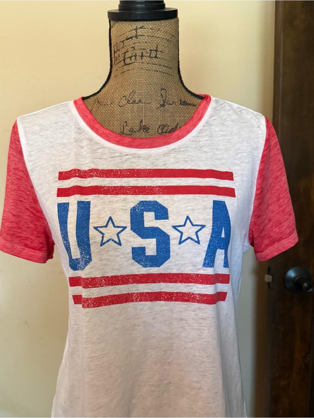 Modern Lux White Tee with Red Trim and Blue Graphic Accents
